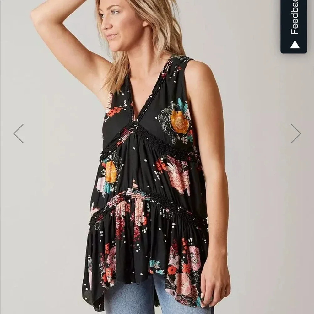 Free People Haze Floral Tunic Hi Low Green Tank Top Size Medium